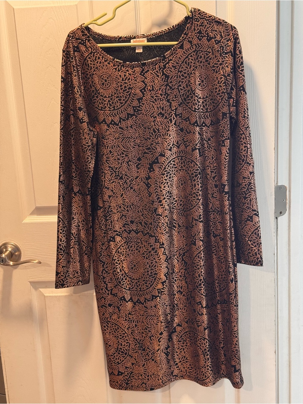 LuLaRoe Long Sleeve Black Dress with Rose Gold Medallion Print